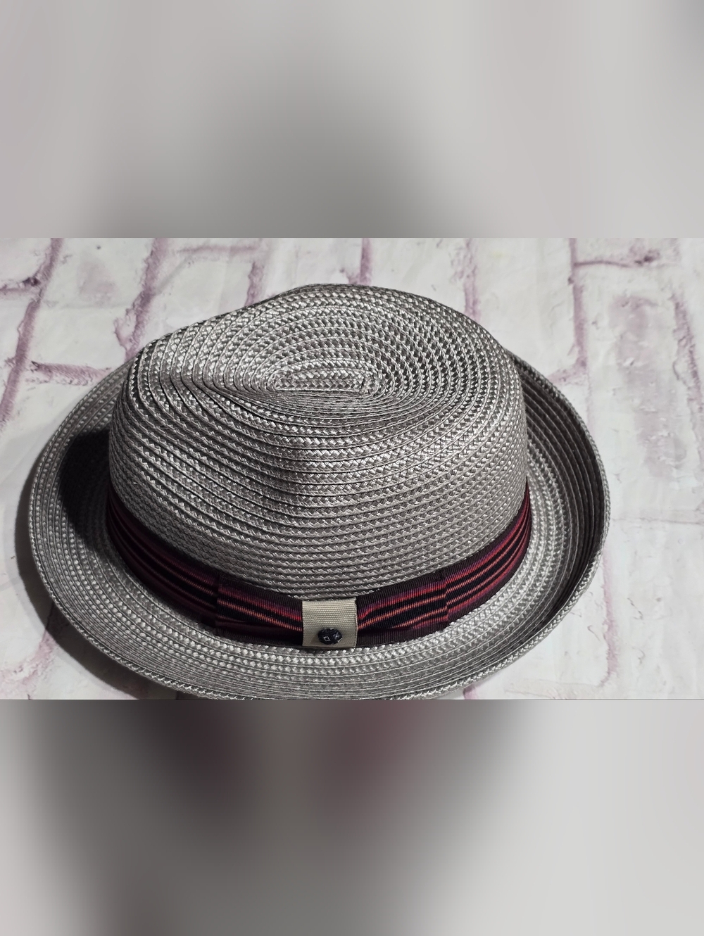 Silver Men’s Straw Fedora with Burgundy Accent